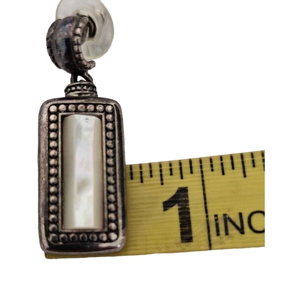 Vintage Silver-Tone & Mother Of Pearl Rectangular Dangle Earrings 1,5" - Picture 5 of 5
